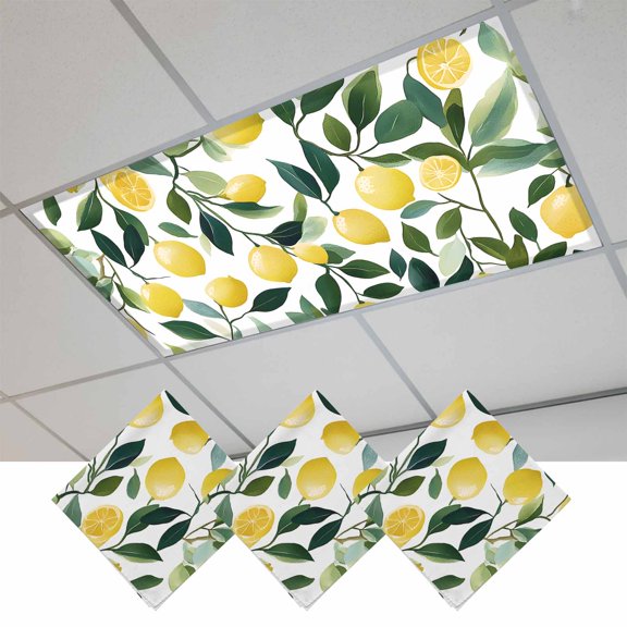 Summer Lemon Magnetic Fluorescent Light Covers for Ceiling Lights 2x4Ft, Yellow Fruits Green Botanical Pastoral Office Classroom Kitchen Drop Ceiling Light Covers Lighting Filters Shade Panel 3 Packs