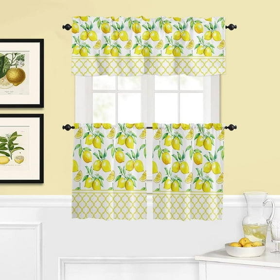 Summer Lemon Moroccan Plaid 3-Piece Kitchen Curtain Set, Rod Pocket Kitchen Curtain Valance and Tiers Set, Washable Drape Window Treatment Set, Tropical Green Leaves