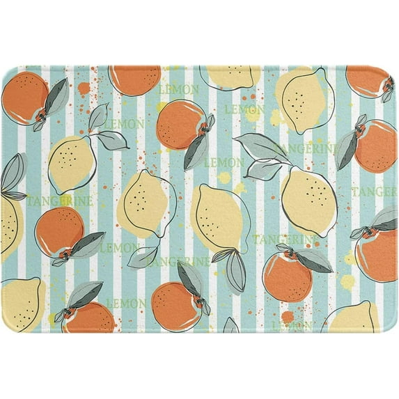 Summer Lemon Orange Indoor Doormat Absorbent Floor Mats, Teal White Striped Doormat Non-Slip Entrance Front Door Rug Kitchen Bathroom Entryway Rugs 16x24 Inch