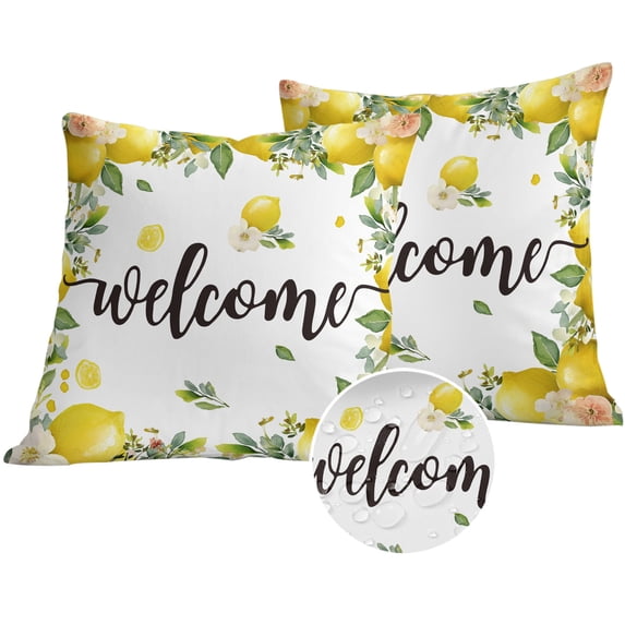 Summer Lemon Outdoor Pillow Covers 24x24 Set of 2,Waterproof Patio Throw Pillowcase Protectors,Spring Yellow Fruits Green Leaf Plant Decorative Pillow Shams Cushion Covers for Seat Bed Couch Sofa