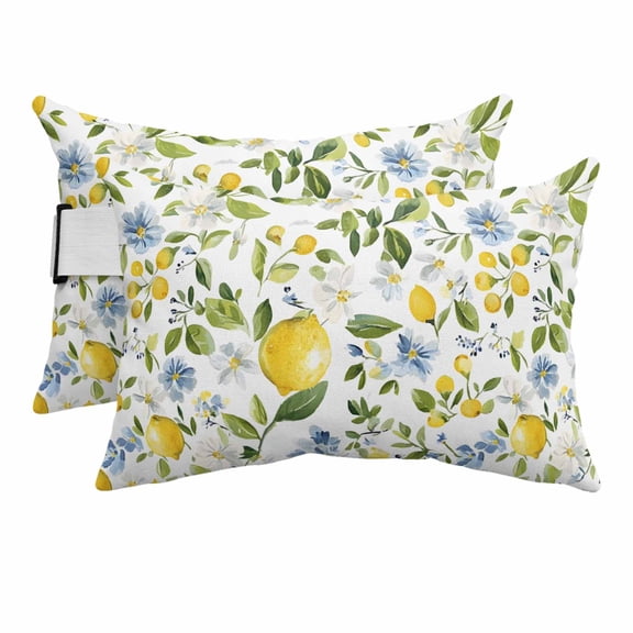 Summer Lemon Outdoor Pillows for Chaise Lounge Chair Beach Headrest Pillow Set of 2 Waterproof Lumbar Pillows with Insert&Strap Yellow Fruits Spring Floral Botanical Pillow for Patio Pool 12"x20"