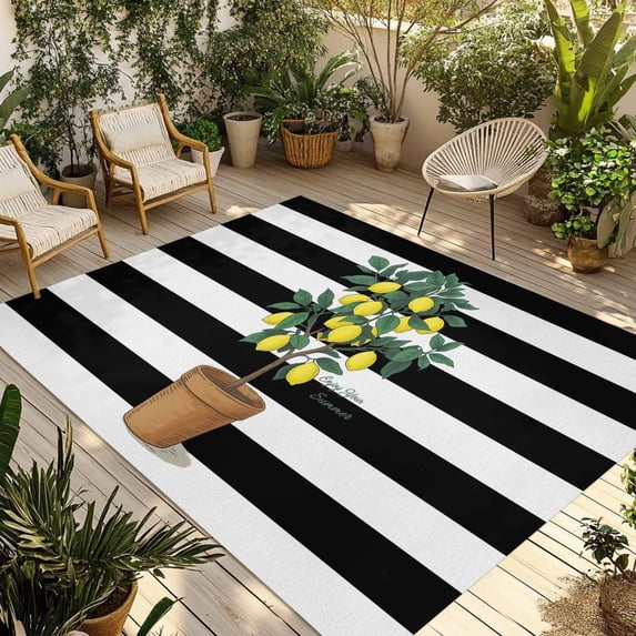 Summer Lemon Outdoor Rug for Patio/Deck/Porch, Non-Slip Large Area Rug 5 x 8 Ft, Black White Striped Potted Plant Indoor Outdoor Rugs Washable Area Rugs, Reversible Camping Rug Carpet Runner