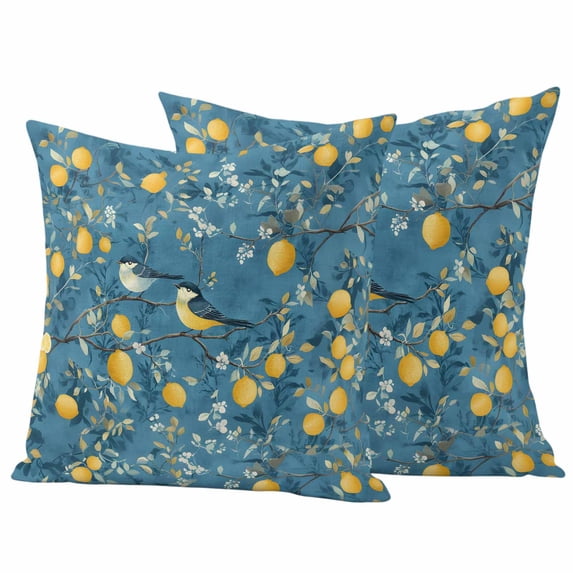Summer Lemon Outdoor Waterproof Pillow Covers, Spring Flower Bird Watercolor Blue Decorative Square Throw Pillowcase Sofa Cushion Sham for Patio/Couch/Chair, 18"x18" 2 Pack