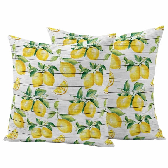 Summer Lemon Outdoor Waterproof Pillow Covers, Yellow Fruit Farm Vintage White Wood Grain Decorative Square Throw Pillowcase Sofa Cushion Sham for Patio/Couch/Chair, 20"x20" 2 Pack