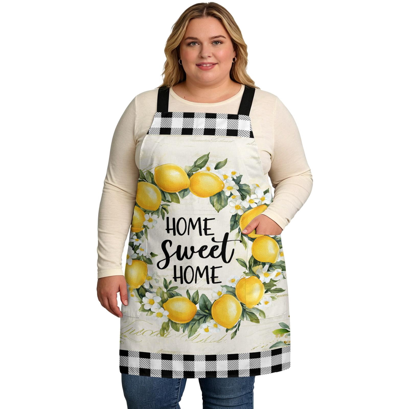 Summer Lemon Oversized Apron for Women Men, Yellow Botanical Checkered ...
