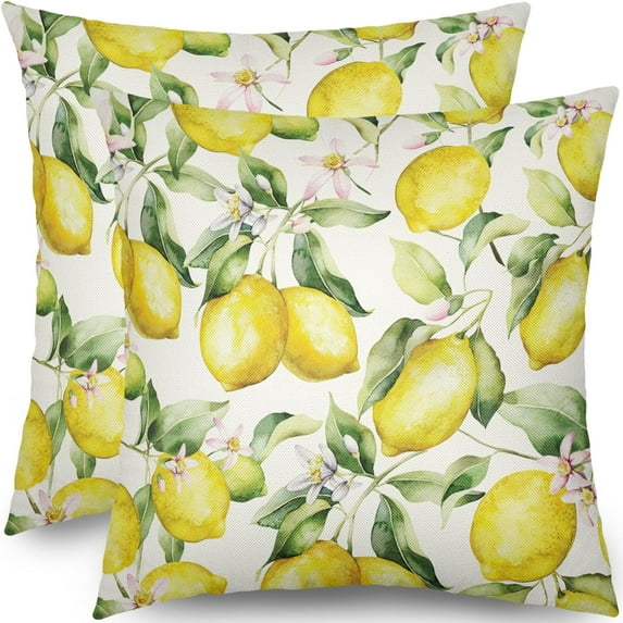 Summer Lemon Pillow Covers 16x16 Set of 2 Yellow Green Watercolor Fruits Floral Print Decorative Throw Pillows Outdoor Farmhouse Pillowcases Linen Cushion Case Decor for Home Sofa Couch Bed