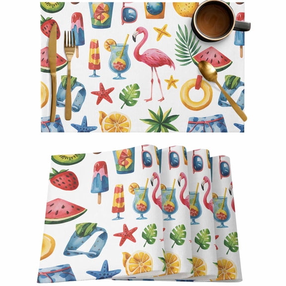 Summer Lemon Pink Flamingo Placemats Set of 4,Wipeable Washable Table Mats for Dining Tables,Watermelon Fruit Beach Vacation Place Mats for Kitchen Event Party Tabletop Decor