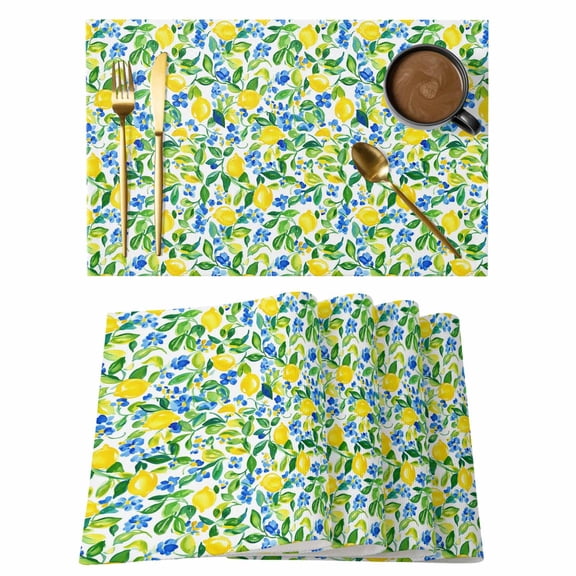 Summer Lemon Placemats Set of 12, Cotton Linen Fabric Place Mats, Green Botanical Blue Flowers Washable Decorative Table Mats Protector for Home Kitchen Dining Wedding Party Coffee Tables