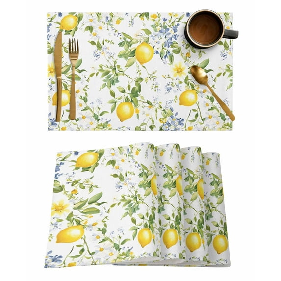 Summer Lemon Placemats Set of 4, Watercolor Yellow Spring Floral Botanical Placemats for Dining Table, Place Mats for Kitchen Tabletop, Waterproof Wipeable Dining Table Mats Set
