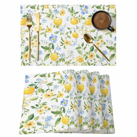 Summer Lemon Placemats Set of 12, Yellow Blue Floral Non-Slip Place Mats Washable Table Mats for Kitchen Dining Table Decorations Indoor/Outdoor