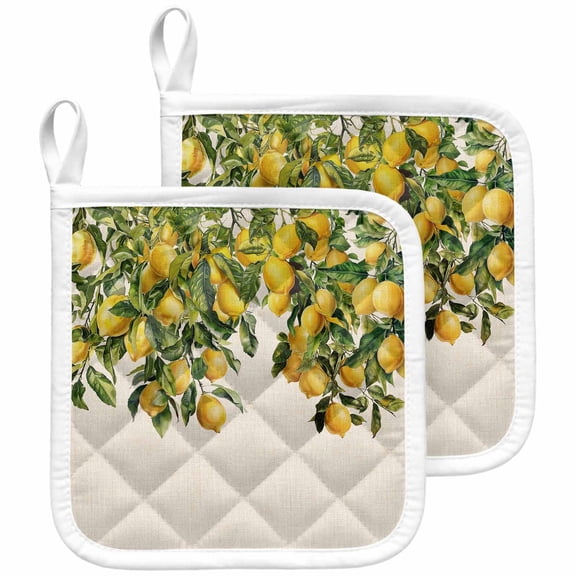Summer Lemon Pot Holders for Kitchen Heatproof Potholder, 2 Pack Green Botancial Summer Yellow Fruits Rustic Hot Pads Multipurpose Oven Pads Cloth Potholders Trivet for Cooking and Baking