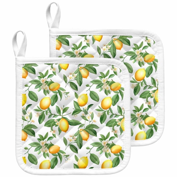 Summer Lemon Pot Holders for Kitchen Heatproof Potholder, 2 Pack Green Botanical Watercolor Fruits Hot Pads Multipurpose Oven Pads Cloth Potholders Trivet for Cooking and Baking
