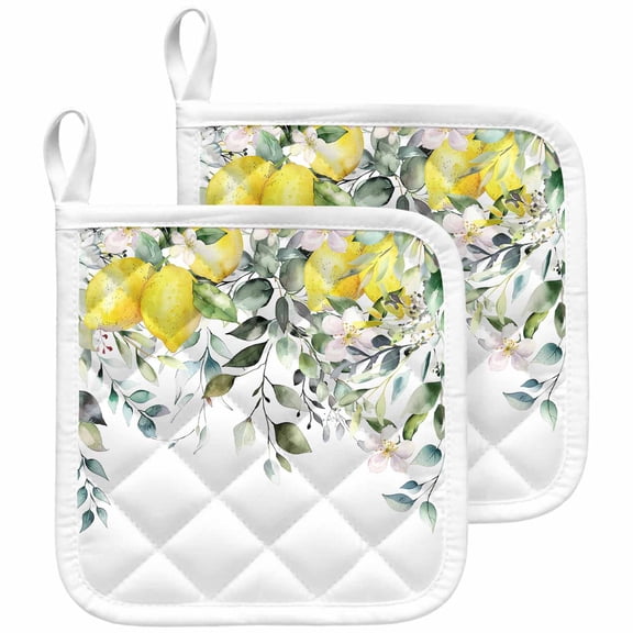 Summer Lemon Pot Holders for Kitchen Heatproof Potholder, 2 Pack Spring Floral Eucalyptus Leaves Botanical Hot Pads Multipurpose Oven Pads Cloth Potholders Trivet for Cooking and Baking