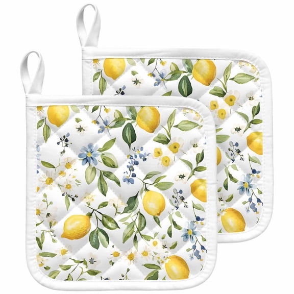 Summer Lemon Pot Holders for Kitchen Heatproof Potholder, 2 Pack Yellow Botanical Spring Floral Blue Hot Pads Multipurpose Oven Pads Cloth Potholders Trivet for Cooking and Baking