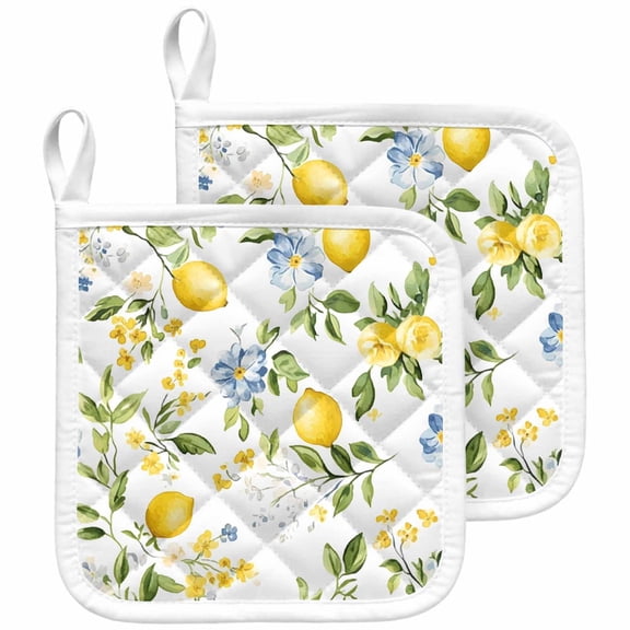 Summer Lemon Pot Holders for Kitchen Heatproof Potholder, 2 Pack Yellow Fruits Botanical Spring Floral Hot Pads Multipurpose Oven Pads Cloth Potholders Trivet for Cooking and Baking