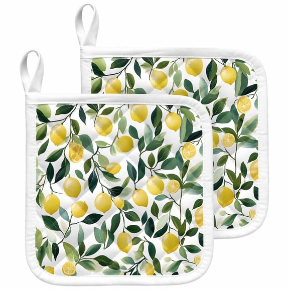 Summer Lemon Pot Holders for Kitchen Heatproof Potholder, 2 Pack Yellow Fruits Green Botanical Pastoral Hot Pads Multipurpose Oven Pads Cloth Potholders Trivet for Cooking and Baking