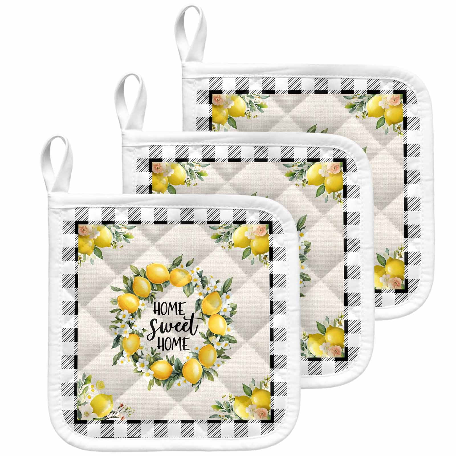 Summer Lemon Pot Holders for Kitchen Heatproof Potholder, 3 Pack Farmhouse Black Check Plaid Vintage Hot Pads Multipurpose Oven Pads Cloth Potholders Trivet for Cooking Baking