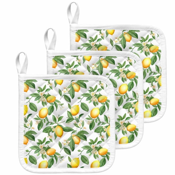 Summer Lemon Pot Holders for Kitchen Heatproof Potholder, 3 Pack Green Botanical Watercolor Fruits Hot Pads Multipurpose Oven Pads Cloth Potholders Trivet for Cooking Baking
