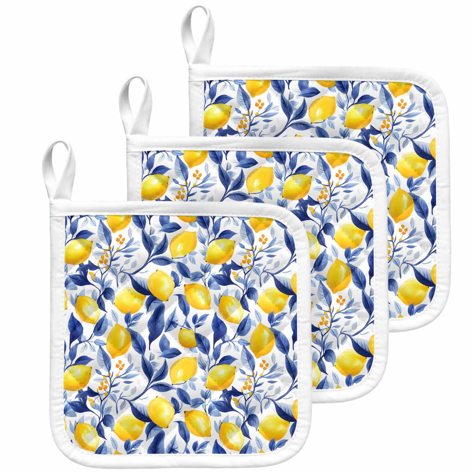 Summer Lemon Pot Holders for Kitchen Heatproof Potholder, 3 Pack Watercolor Yellow Blue Garden Floral Hot Pads Multipurpose Oven Pads Cloth Potholders Trivet for Cooking Baking