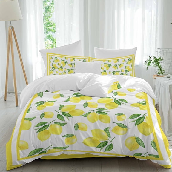 Summer Lemon Queen Size Comforter Set, Fruit Farmhouse Leaf Yellow Edge Bedding for All Seasons, 4 Pcs Bed Set, 1Quiltcover (90"x92") ,1Sheet(94"x116"), 2Pillowcases (30"x20")
