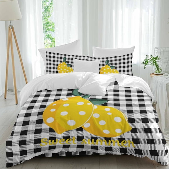 Summer Lemon Queen Size Comforter Set, Fruit Sweet Summer Black White Plaid Bedding for All Seasons, 4 Pcs Bed Set, 1Quiltcover (90"x92") ,1Sheet(94"x116"), 2Pillowcases (30"x20")