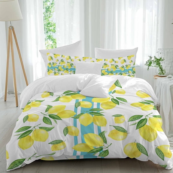 Summer Lemon Queen Size Comforter Set, Watercolor Fruit Farmhouse Blue Strip Bedding for All Seasons, 4 Pcs Bed Set, 1Quiltcover (90"x92") ,1Sheet(94"x116"), 2Pillowcases (30"x20")