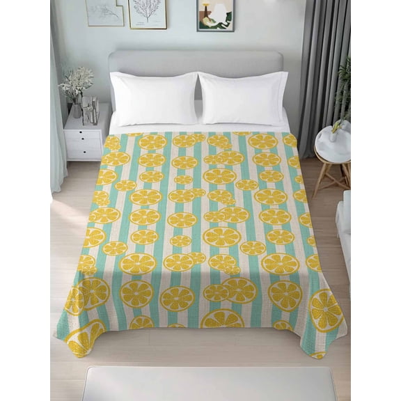 Summer Lemon Queen Size Flat Sheet, Wrinkleproof & Fadeproof Cooling Flat Bed Sheet Only, Farmhouse Green Stripes Yellow Fruit Breathable Soft Bedding Top Sheets 90 x 102 Inches