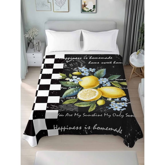 Summer Lemon Queen Size Flat Sheet, Wrinkleproof & Fadeproof Cooling Flat Bed Sheet Only, Vintage Black Plaid Blue Spring Floral Breathable Soft Bedding Top Sheets 90 x 102 Inches