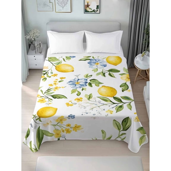 Summer Lemon Queen Size Flat Sheet, Wrinkleproof & Fadeproof Cooling Flat Bed Sheet Only, Yellow Fruits Botanical Spring Floral Breathable Soft Bedding Top Sheets 90 x 102 Inches
