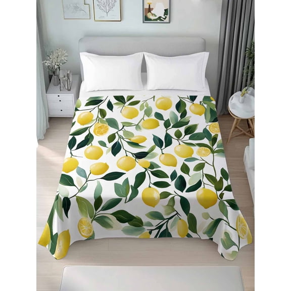 Summer Lemon Queen Size Flat Sheet, Wrinkleproof & Fadeproof Cooling Flat Bed Sheet Only, Yellow Fruits Green Botanical Pastoral Breathable Soft Bedding Top Sheets 90 x 102 Inches