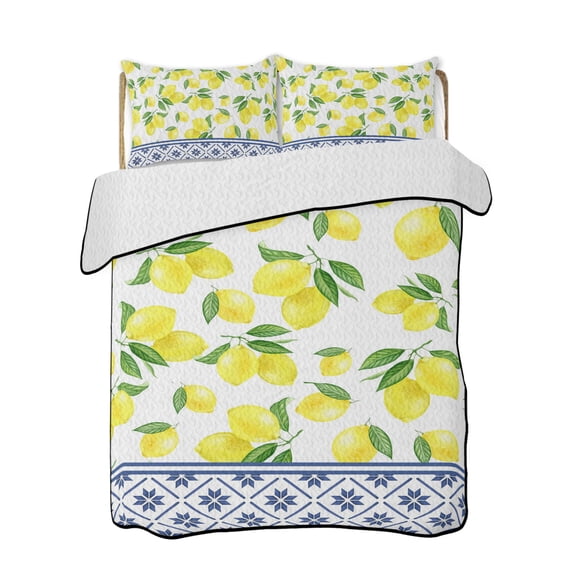 Summer Lemon Quilts Bedding Set Twin Size Watercolor Fruit Farmhouse Blue Flroal Lightweight Quilted Bedspread 3 Piece Bed Quilt with 2 Pillow Shams All Season for Bedroom 68" x 86"