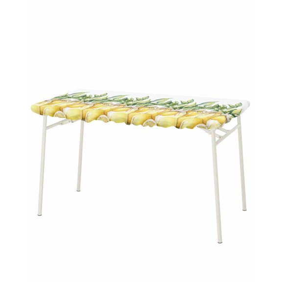 Summer Lemon Rectangle Tablecloth, Waterproof Elastic Fitted Table Covers for 8 Foot Tables, 32x96inch Decorative Tablecloths for Picnic, Camping, Indoor, Outdoor, Watercolor Fruits Green Leaf Vase