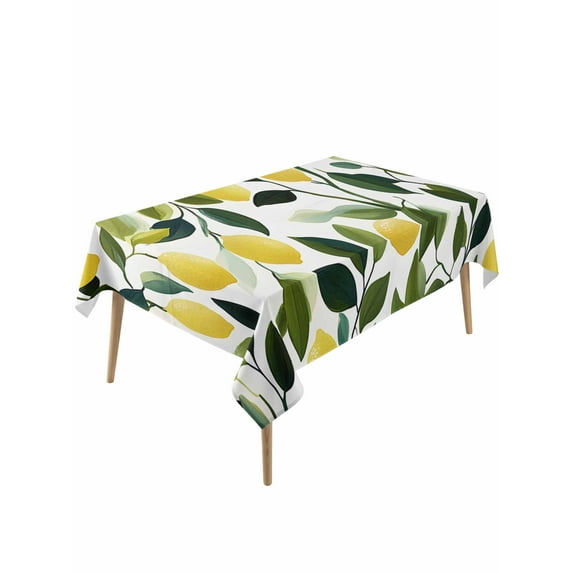 Summer Lemon Rectangle Tablecloth, Yellow Fruits Pastoral Green Botanical Waterproof & StainResistant Tablecloth, Washable Oil-proof Table Cover for Dining/Party/Wedding/Camping/Buffet 54x108 In