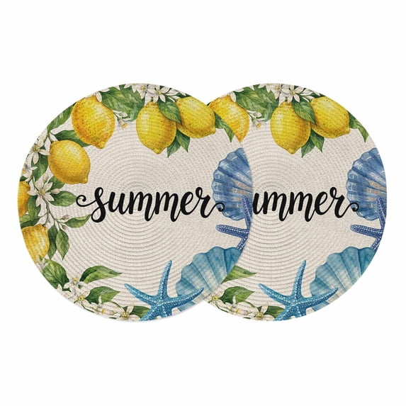Summer Lemon Round 13 Inch Placemats Set of 2, Coastal Starfish Shells Pastoral Floral Vintage HeatResistant Non Slip Place Mats for Dining Table, Wipeable Braided Kitchen Table Mats for Housewarming