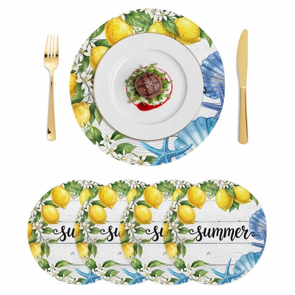 Summer Lemon Round 13 Inch Placemats Set of 4, Coastal Shells Pastoral Floral Farmhouse Wood HeatResistant Non Slip Place Mats for Dining Table, Wipeable Braided Kitchen Table Mats for Housewarming