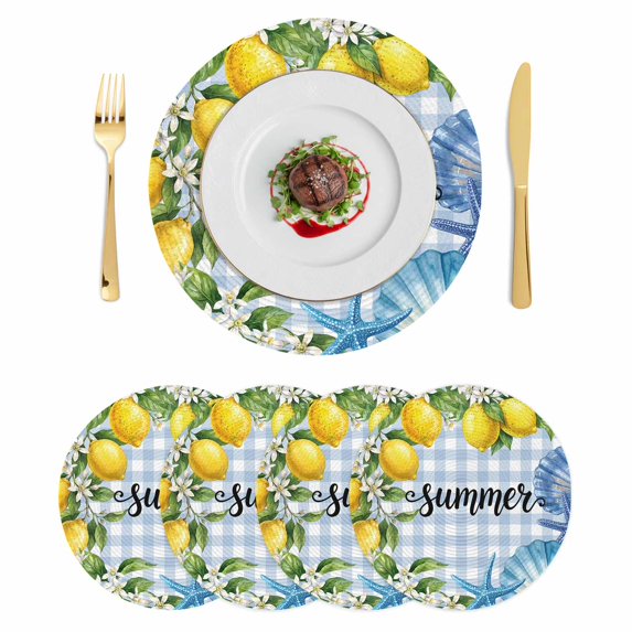 Summer Lemon Round 13 Inch Placemats Set of 4, Coastal Starfish Shells Pastoral Floral Blue Plaid HeatResistant Non Slip Place Mats for Dining Table, Wipeable Kitchen Table Mats for Housewarming