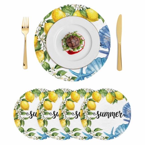 Summer Lemon Round 13 Inch Placemats Set of 4, Coastal Starfish Shells Pastoral Floral HeatResistant Non Slip Place Mats for Dining Table, Wipeable Braided Kitchen Table Mats for Housewarming