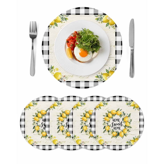 Summer Lemon Round 13 Inch Placemats Set of 4, Yellow Botanical Checkered Farmhouse Buffalo HeatResistant Non Slip Place Mats for Dining Table, Wipeable Braided Kitchen Table Mats for Housewarming