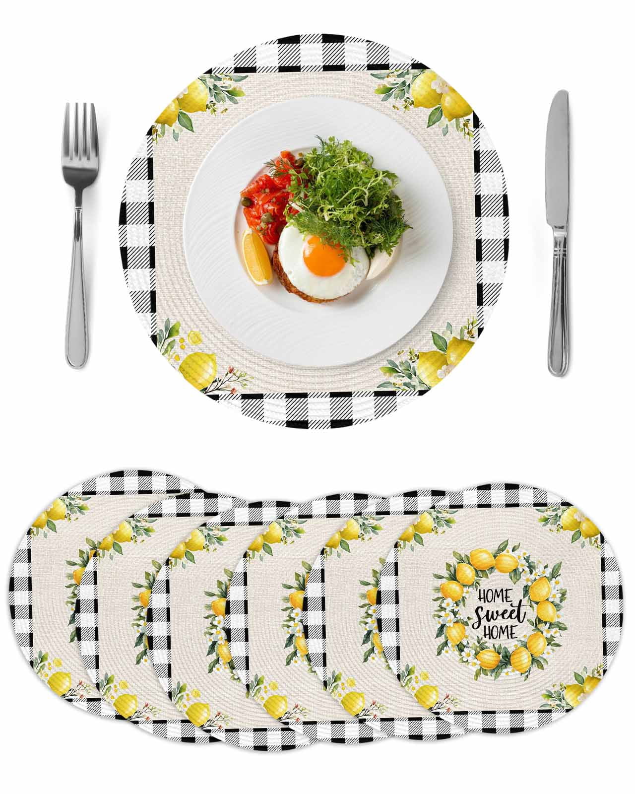 Summer Lemon Round 13 Inch Placemats Set of 6, Farmhouse Black Check ...