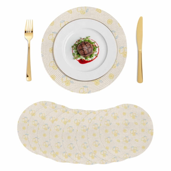 Summer Lemon Round 13 Inch Placemats Set of 8, Yellow Fruits Leaves Lemon Farmhouse Beige HeatResistant Non Slip Place Mats for Dining Table, Wipeable Braided Kitchen Table Mats for Housewarming