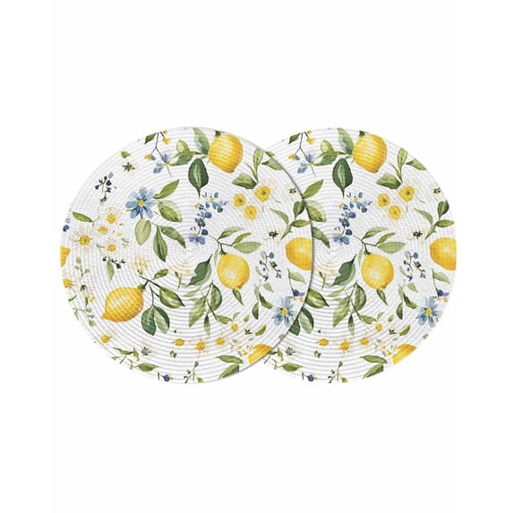Summer Lemon Round 15 Inch Placemats Set of 2, Yellow Botanical Spring Floral Blue HeatResistant Non Slip Place Mats for Dining Table, Wipeable Braided Kitchen Table Mats for Housewarming