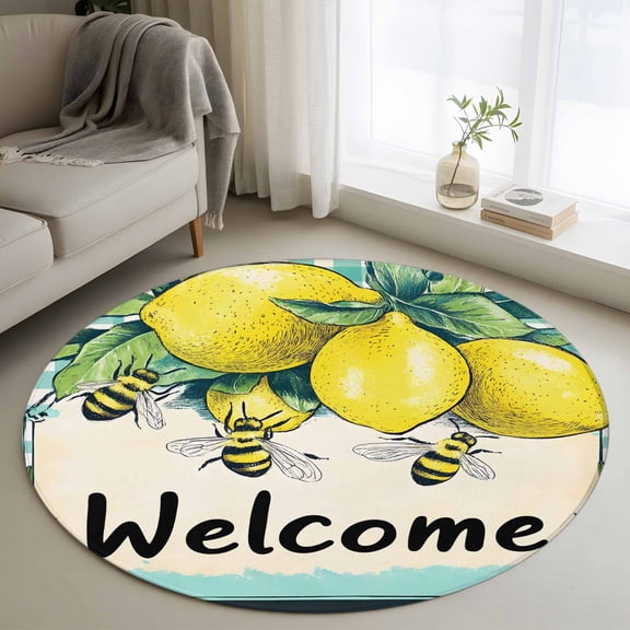 Summer Lemon Round Area Rug 3.3 FT, Non Slip Small Entryway Kitchen Mat, Spring Bees Turquoise Plaid Washable Soft Circular Rug Non-Shedding Door Mat for Bathroom Playroom Kids Room