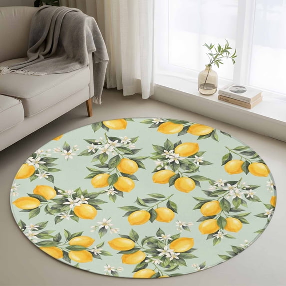 Summer Lemon Round Area Rug 3.3Ft Washable Circle Rugs for Dining Room Table, Tropical Botanical Leaves Light Green Non-Slip Carpet Floor Mats Indoor Outdoor Carpet Runner Aesthetic Home Decor