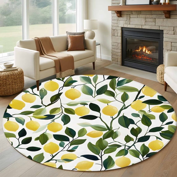 Summer Lemon Round Area Rug 5 FT, Non Slip Bedroom Rugs, Yellow Fruits Pastoral Green Botanical Washable Soft Circular Carpet Non-Shedding Floor Mat for Kitchen Dining Room Foyer Balcony Dorm