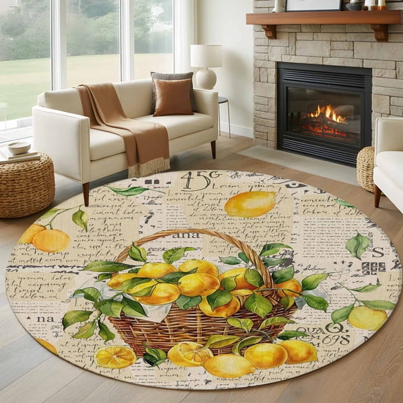 Summer Lemon Round Area Rug 6 FT, Non Slip Bedroom Area Rug, Watercolor Yellow Fruits Botanical Vintage Washable Soft Circular Carpet Floor Mat for Kitchen Dining Room Home Office Kids Room