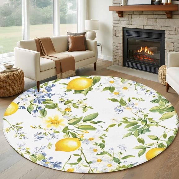 Summer Lemon Round Area Rug 6 FT, Non Slip Bedroom Area Rug, Watercolor Yellow Spring Floral Botanical Washable Soft Circular Carpet Floor Mat for Kitchen Dining Room Home Office Kids Room