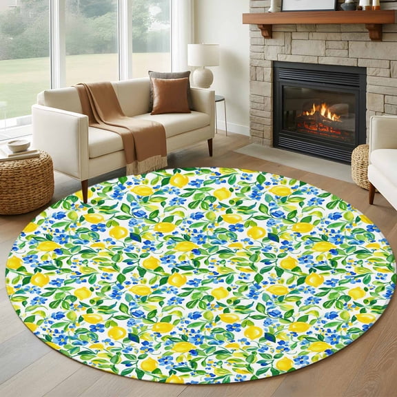 Summer Lemon Round Area Rug 6 FT, Non Slip Bedroom Rugs, Green Botanical Blue Flowers Washable Soft Circular Carpet Non-Shedding Floor Mat for Kitchen Dining Room Home Office Kids Room