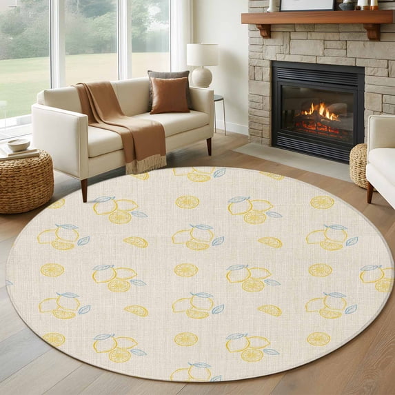 Summer Lemon Round Area Rug 6Ft Washable Circle Rugs for Bathroom Office, Yellow Fruits Leaves Lemon Farmhouse Beige Non-Slip Carpet Floor Mats Indoor Outdoor Carpet Runner Aesthetic Home Decor