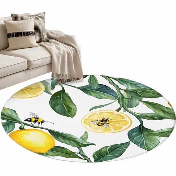 Summer Lemon Round Area Rug 4ft Slice Bee Sage Green Leaves Non-Slip Washable Circle Rugs Soft Felt Indoor Floor Mat for Bedroom Kitchen Living Room Bathroom