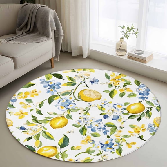 Summer Lemon Round Rugs for Living Room 4ft Farm Fruit Blue Flower Green Leaf Botanical Non Slip Circle Rug Washable Low-Profile Indoor Carpet for Bedroom, Dining Room, Bathroom
